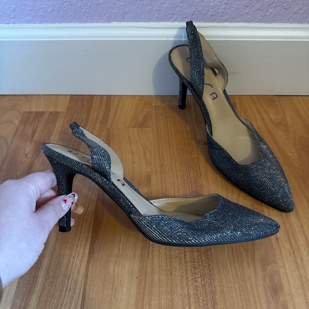 glitter silver pointy sling back heels